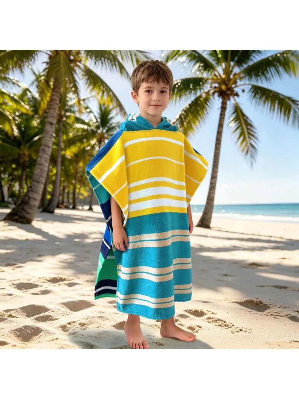 Cozy Hooded Poncho Towel for Kids 6-10Y, Soft 100% Cotton, Blue Stripes